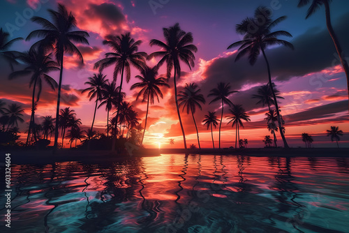 purple sunset on the tropical beach ai generated art