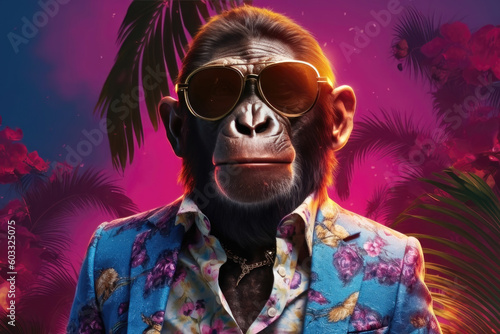  Close-up of a monkey wearing sunglasses and a stylish blue floral-printed jacket, a white shirt with yellow and red decorations, standing in front of a purple-red background. Generative AI
