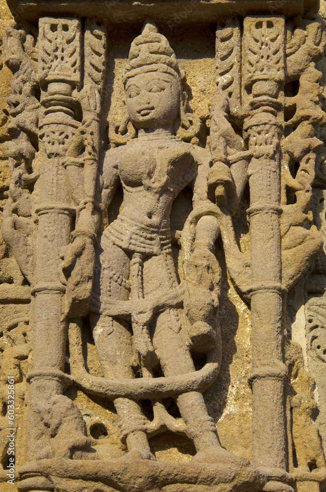 Carving details on the outer wall of the Sun Temple. Built in 1026 - 27 AD during the reign of Bhima I of the Chaulukya dynasty, Modhera village of Mehsana district, Gujarat