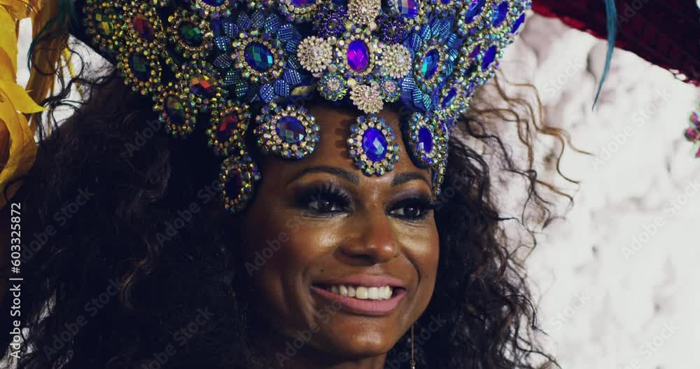 Dance, festival and carnival with woman in costume for celebration ...
