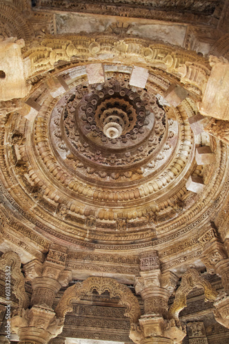 Carved ceiling of the Sun Temple. Built in 1026 - 27 AD during the reign of Bhima I of the Chaulukya dynasty, Modhera village of Mehsana district, Gujarat, India photo