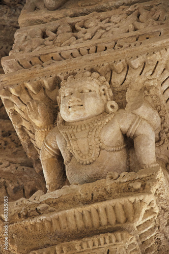 Carving details on the inner wall of the Sun Temple. Built in 1026 - 27 AD during the reign of Bhima I of the Chaulukya dynasty, Modhera village of Mehsana district, Gujarat, India photo