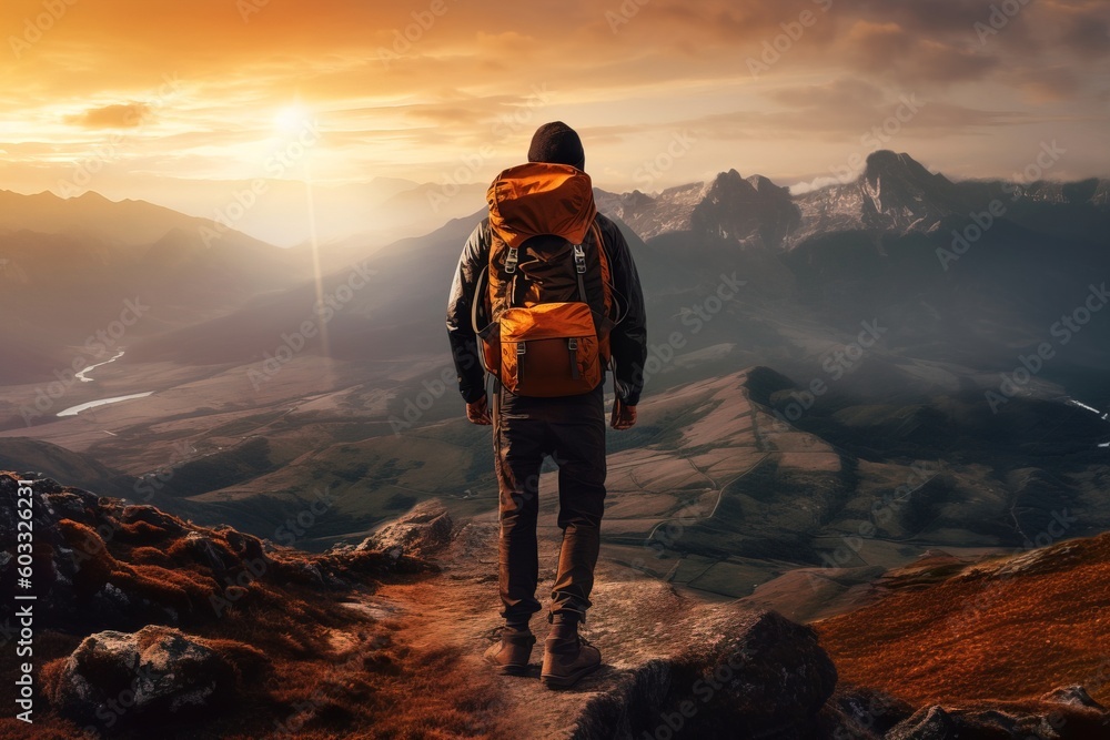 Man with backpack hiking mountain on sunset back turned to the camera Man with backpack hiking mountain on sunset back turned to the camera