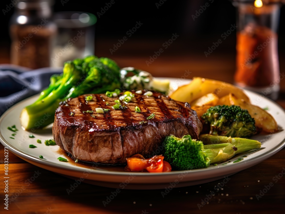 Plate of tender steak with a side of vegetables Plate of tender steak with a side of vegetables