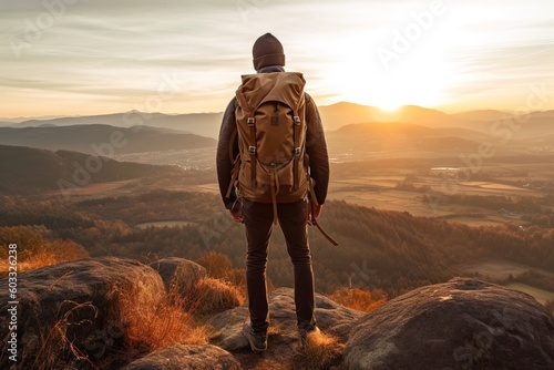 Man with backpack hiking mountain on sunset back turned to the camera
