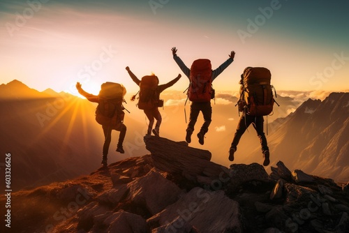 A group of hikers standing and hopping on a mountain with the valley in front of them. The feeling of creating things and the feeling of freedom