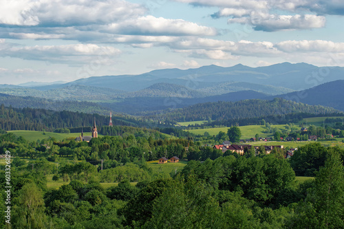 Fototapeta Naklejka Na Ścianę i Meble -  Krajobraz wiosenny w zielonych górach Bieszczady,
Tło naturalne.