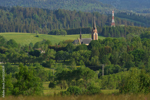 Fototapeta Naklejka Na Ścianę i Meble -  Krajobraz wiosenny w zielonych górach Bieszczady,
Tło naturalne. Miejscowość Lutowiska