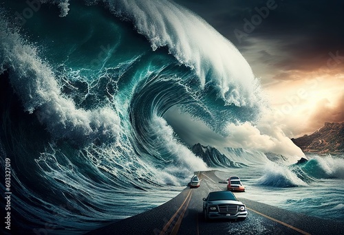 Tsunami tidal wave pushing cars out of the way illustration. Ai generative. photo