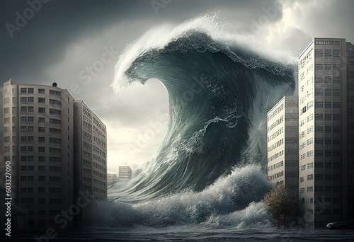 Tsunami with big wave going to hit a big city building illustration. Ai generative. photo