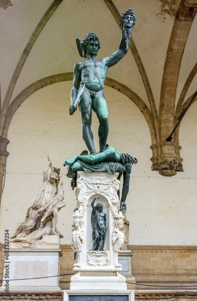 Sculpture of Perseus with Head of Medusa in Loggia dei Lanzi building on Signoria square, Florence, Italy