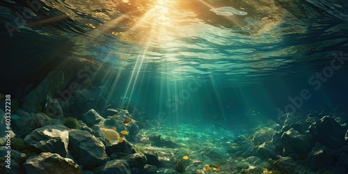 Sunlit Depths. Abstract Underwater Scene with Nature Background. Generative AI illustrations.