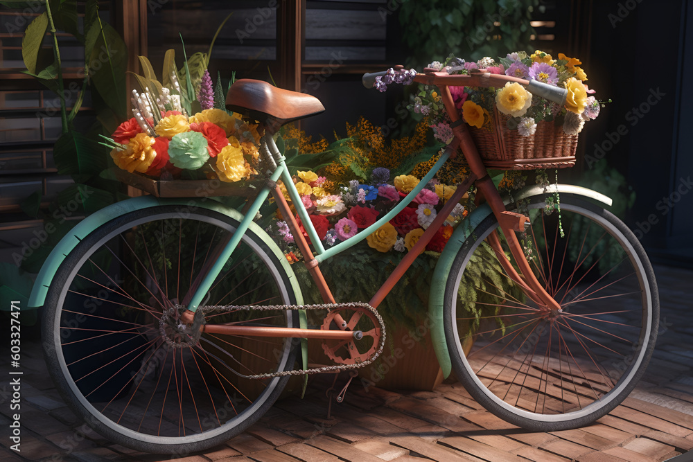 Bicycle day. Menthol brown bicycle decorated with baskets of flowers on a flower bed background. Generate Ai Generative AI
