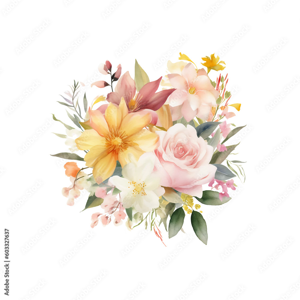 Romantic Watercolor Flower Bouquet Clipart for Decorative Cards: Pink, White, and Yellow, Created by Generative AI