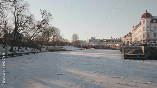 The Moat or Vallgraven Frozen River Canal in Gothenburg at Winter, Pan Shot. photo