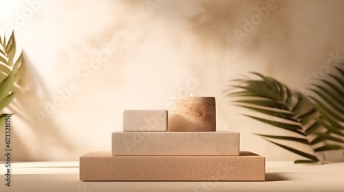 Minimalist Beige Podium Backdrop for E-commerce, Retail, Online Shop, Product Photography, Beauty, Cosmetics, Fashion, Wood, Marble, Leaves, Cement, 