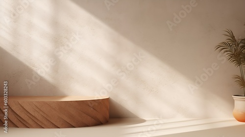 Minimalist Beige Podium Backdrop for E-commerce, Retail, Online Shop, Product Photography, Beauty, Cosmetics, Fashion, Wood, Marble, Leaves, Cement, 