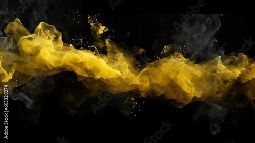 Smoke veil. Paint water. Night haze. Yellow color glitter dust particles mist floating on dark black abstract art background with copy space