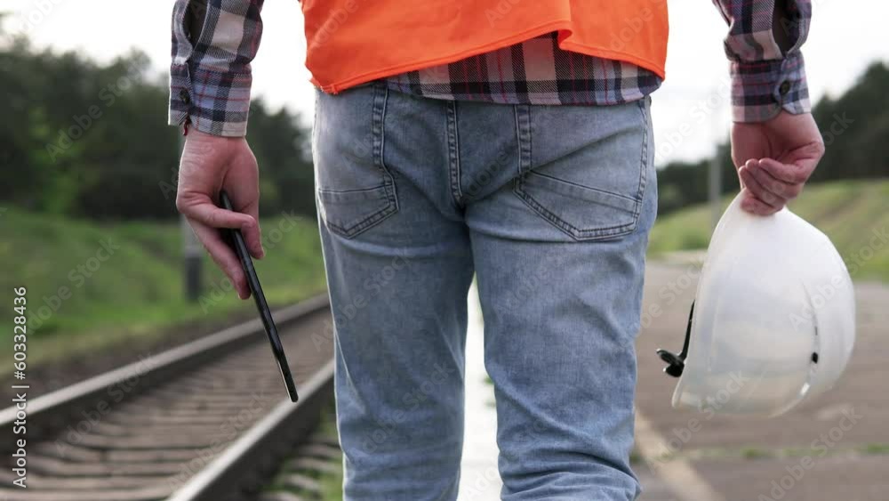 A railroad engineer makes an inspection of the railroad track for reconstruction. Critical infrastructure. A railroad engineer makes an inspection of the railroad track for reconstruction. Critical infrastructure.