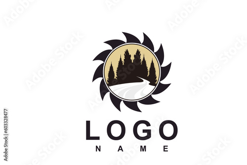 River Creek Wheel Gear Mill Cog, Fir Pines Evergreen Forest Nature logo design