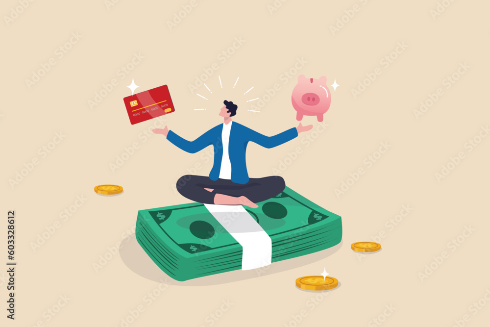 Financial discipline, saving money or investing strategy, routine or practice to invest or building wealth or pay off debt concept, ambitious man meditate on banknote with credit card and piggy bank. - obrazy, fototapety, plakaty 