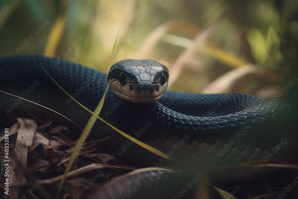 Fototapeta premium Black mamba in nature. Generative AI