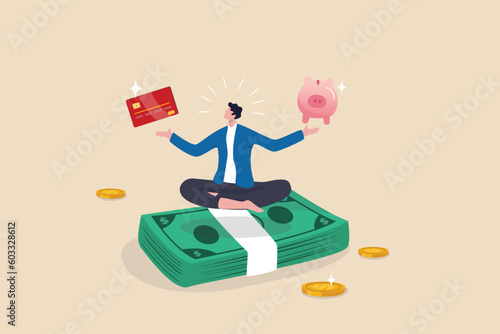 Financial discipline, saving money or investing strategy, routine or practice to invest or building wealth or pay off debt concept, ambitious man meditate on banknote with credit card and piggy bank.