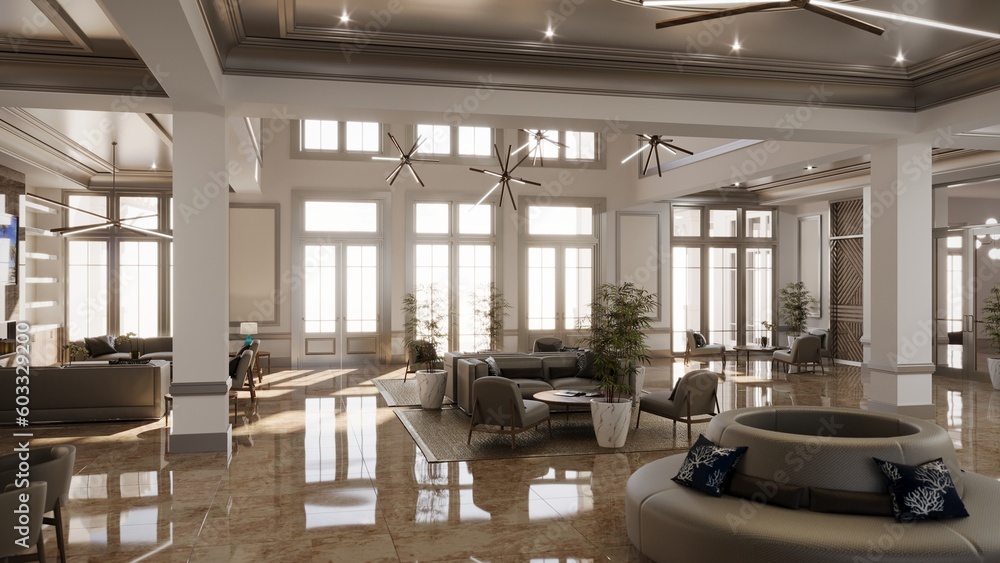 Fototapeta premium large and spacious interior of the lobby in the hotel, 3D illustration, cg render