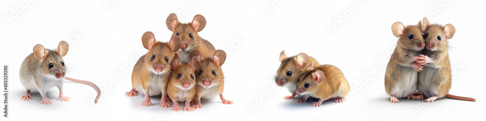 Animals pets mouses banner panorama long - Collection of funny cute lying, sitting brown white mouse (mus) family with baby, isolated on white background, Generative Ai