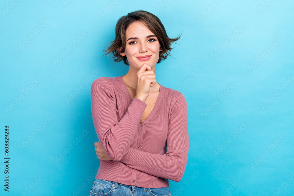 Photo of charming worker lady hold arm on chin intelligent person student wear pink shirt jeans isolated blue color background - obrazy, fototapety, plakaty 