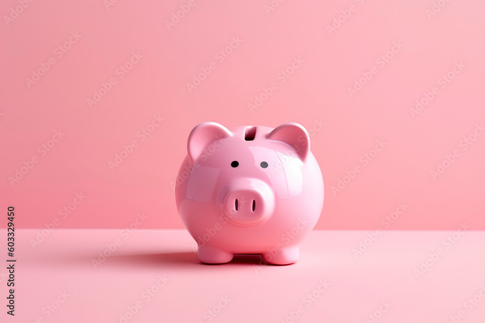Pink piggy bank centered on a pastel pink background.