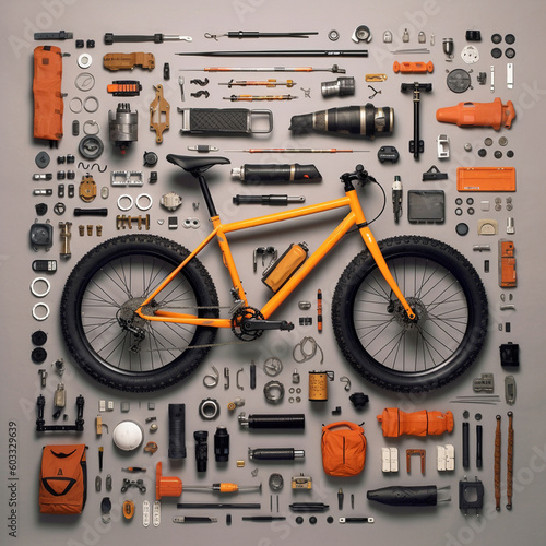 bicycle and spare parts, layout, flat lay, created by a neural network, Generative AI technology photo