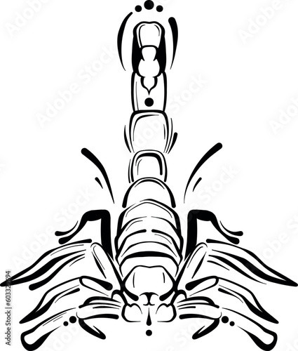 Abstract uncolored zodiac sign scorpio vector illustration out line art. black scorpion hand drawing symbol isolated on white for tattoo or logo