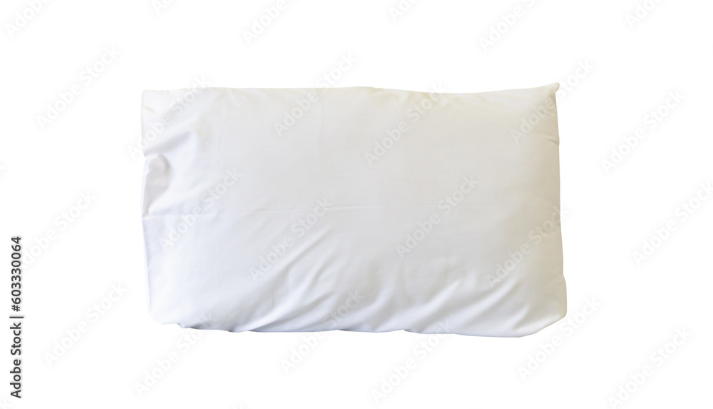 White pillow with case after guest's use at hotel or resort room isolated on white background with clipping path in png file format, Concept of comfortable and happy sleep in daily life