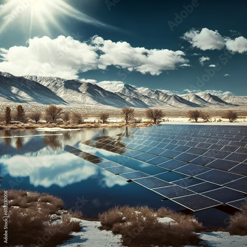 Lots of solar panels in a beautiful wide open view during the sunny day. Sunset Above a photovoltaic power plant, the Solar Farm, Technology solar cell. Generative AI, illustration