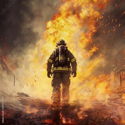 Brave Firefighter in an Epic Universal Firefight. Generative AI