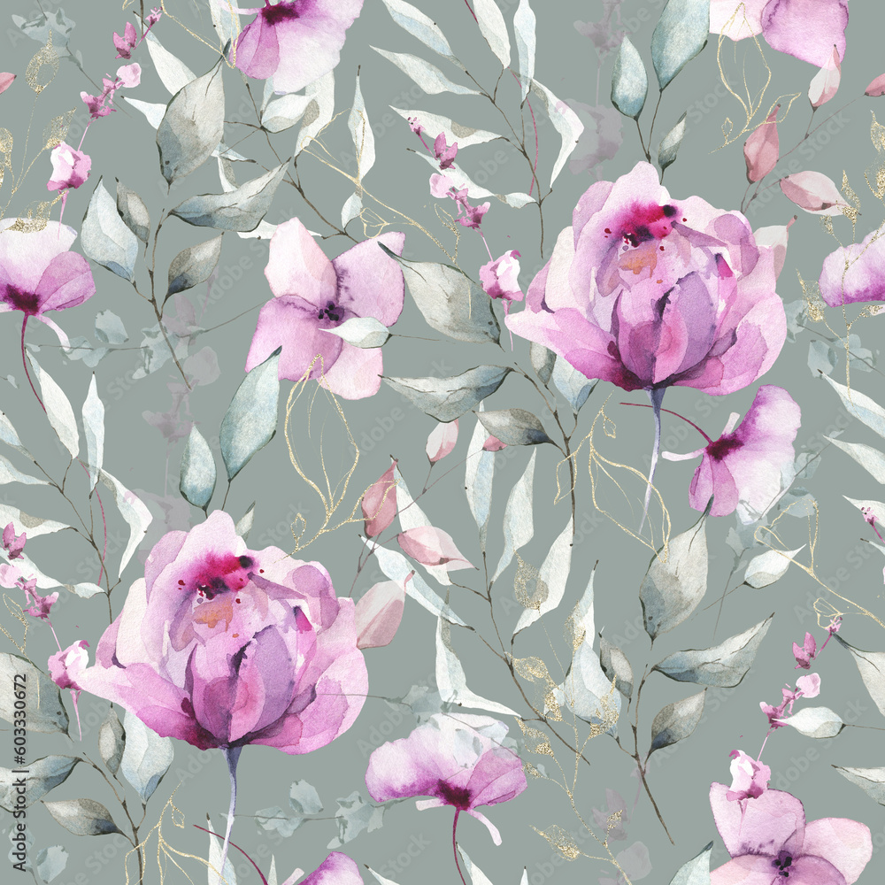 Violet peony and pink flowers and turquoise branches with leaves. Watercolor floral seamless pattern. Gray background