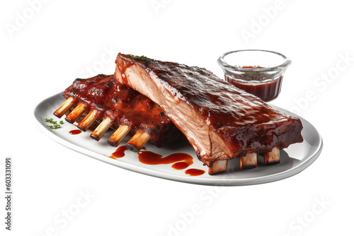 Grilled ribs with barbecue sauce on top on a white platter and a bowl with more sauce on a cutout PNG transparent background.