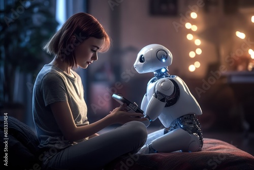 A young girl is sitting with her robot pet, depicting a scene of companionship through technology. Illustrates artificial intelligence and the future of human-robot interaction, generative ai