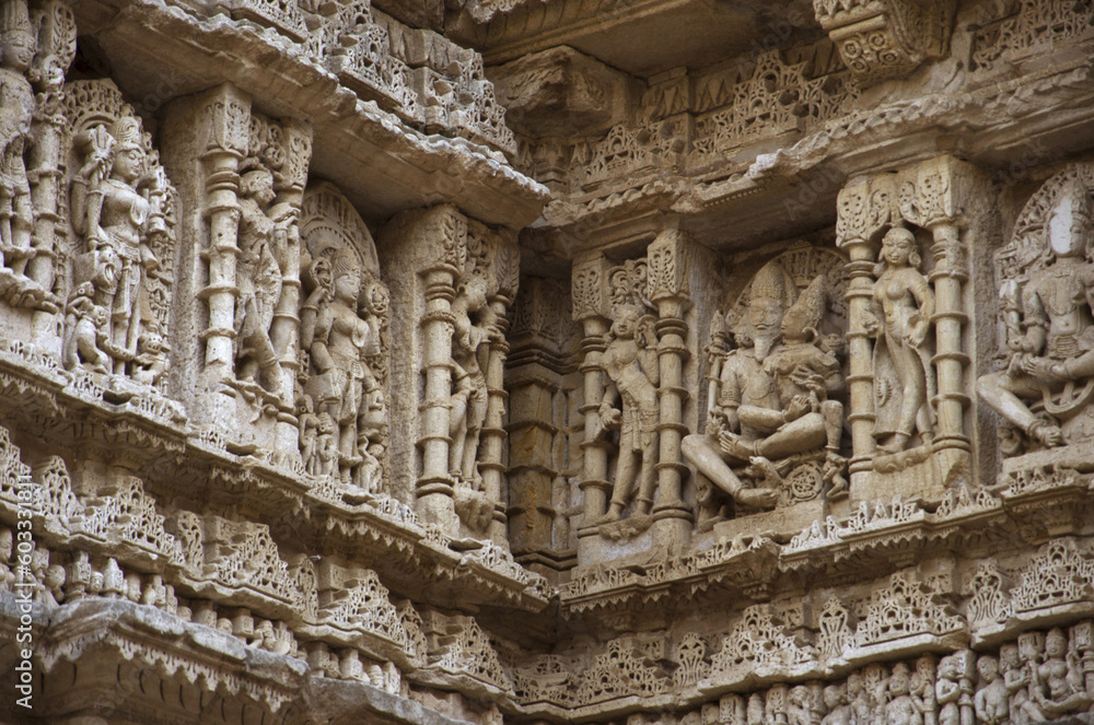 Carved inner walls of Rani ki vav, an intricately constructed stepwell on the banks of Saraswati River.  Patan in Gujarat, India.