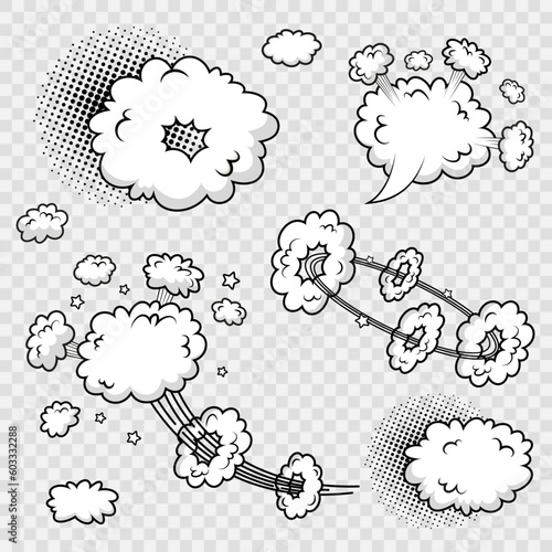Funny balloons in pop art style. Comic background with speed clouds. Sky air banner. Cartoon bomb explosion. Retro frame with smoke shapes and wind. Speech bubble element. Vector illustration.