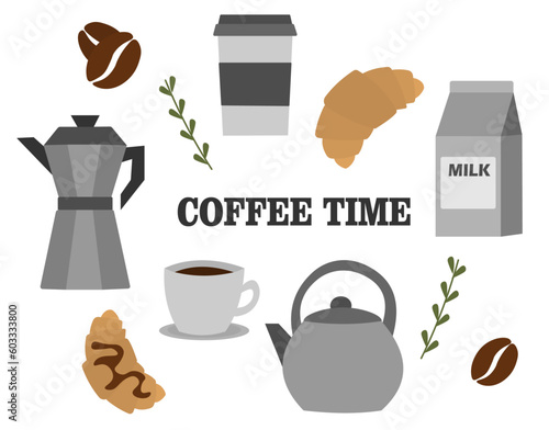 Set of coffee elements. milk, kettle, milk pitcher, kettle.different coffee elements cute elements tea, coffe, coffee maker