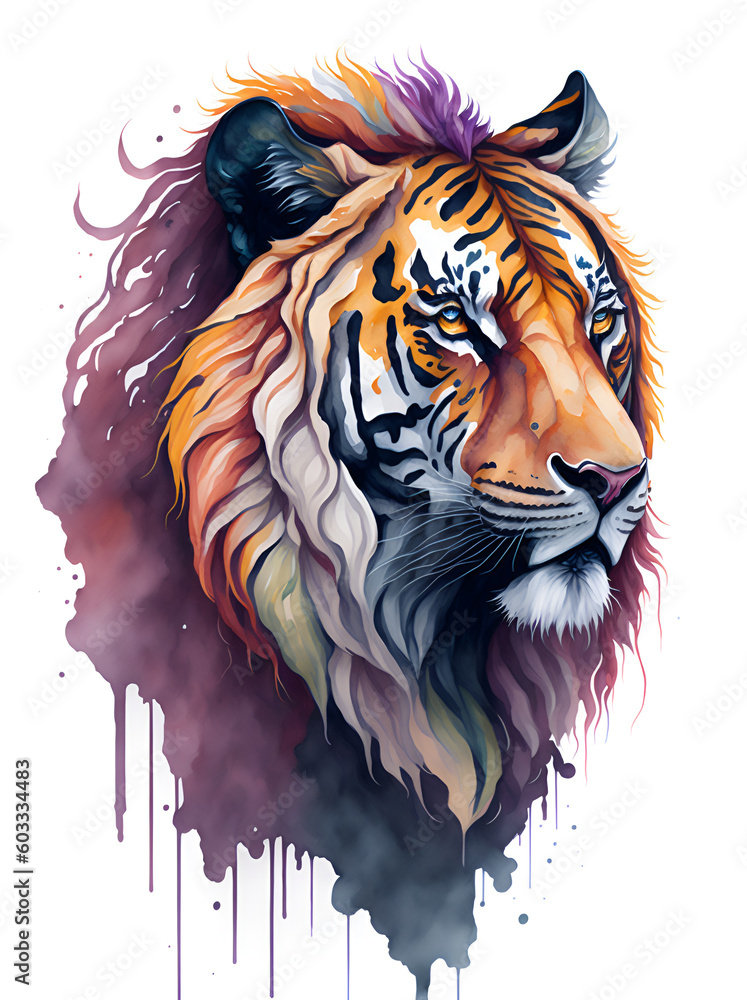 Cartoon head of tiger. Splash paint. AI generated illustration