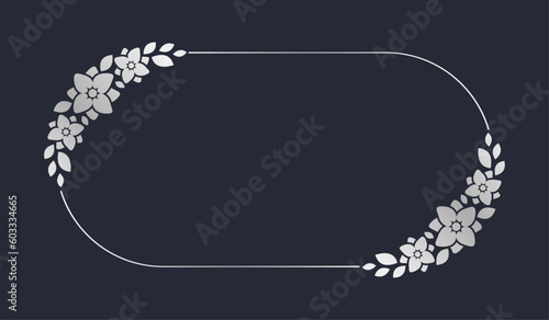 Silver oval floral frame template. Luxury golden frame border for invite, wedding, certificate. Vector art with flowers and leaves.