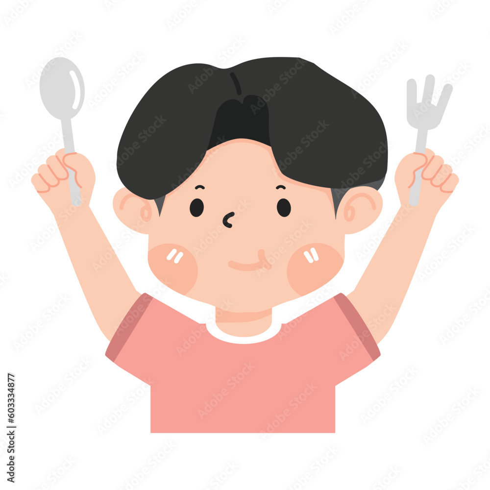 Hungry kid holding fork and spoon Hungry kid holding fork and spoon
