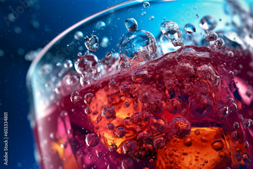 Cllose - up of a cold beverage with condensation on the glass, showcasing the refreshing bubbles and the vibrant color of the drink.