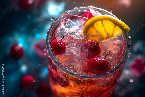 Cllose - up of a cold beverage with condensation on the glass, showcasing the refreshing bubbles and the vibrant color of the drink. photo