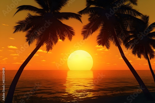 bright yellow sun setting over the ocean with silhouettes of palm trees in the foreground  wallpaper  Generative AI