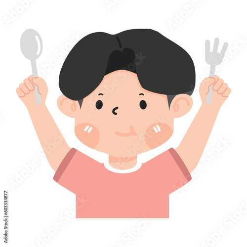 Hungry kid holding fork and spoon