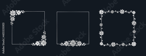 Square silver floral frame template set. Luxury golden frame border for invite, wedding, certificate. Vector art with flowers and leaves.